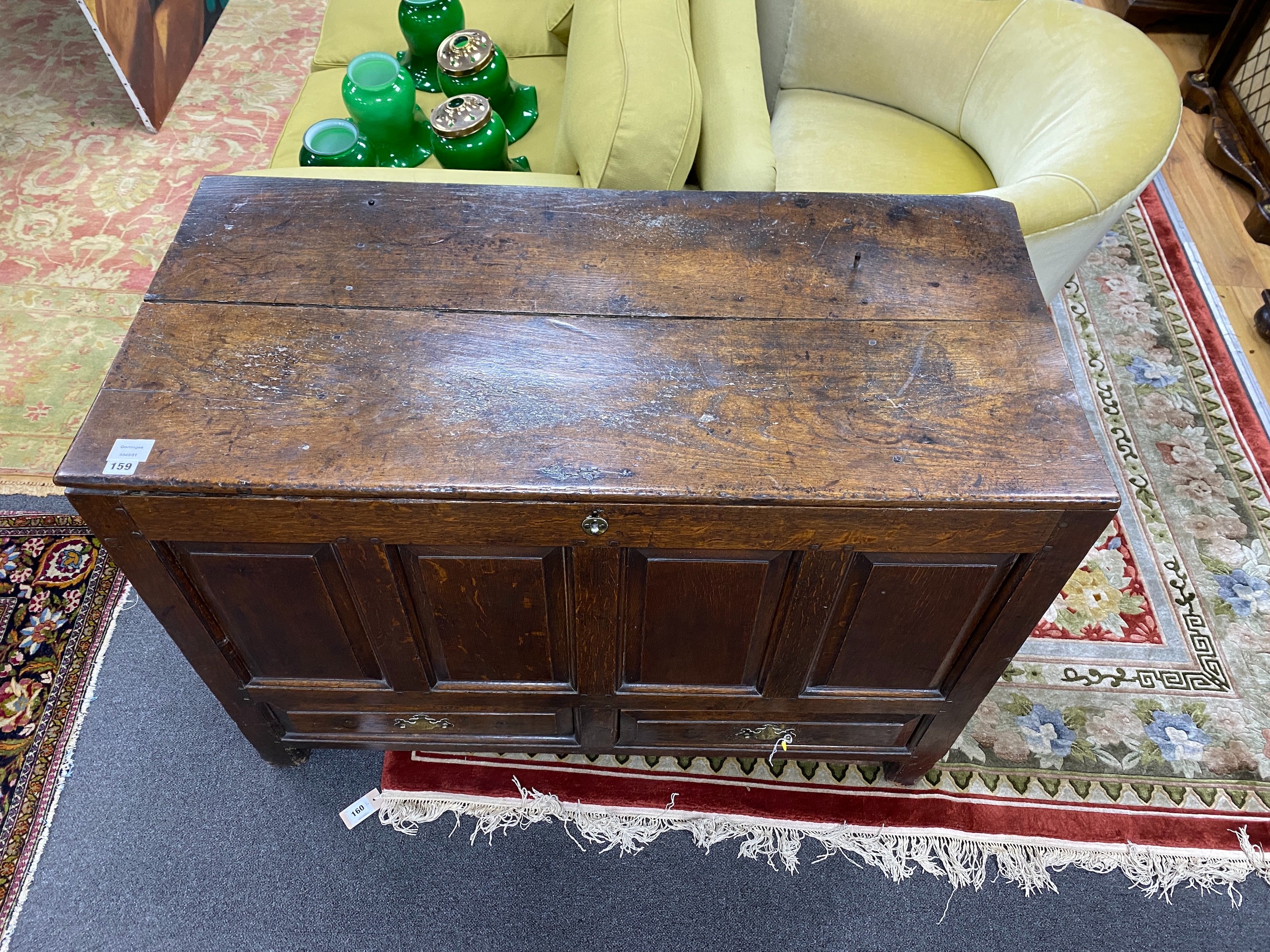 A mid 18th century oak mule chest, length 112cm, depth 53cm, height 82cm